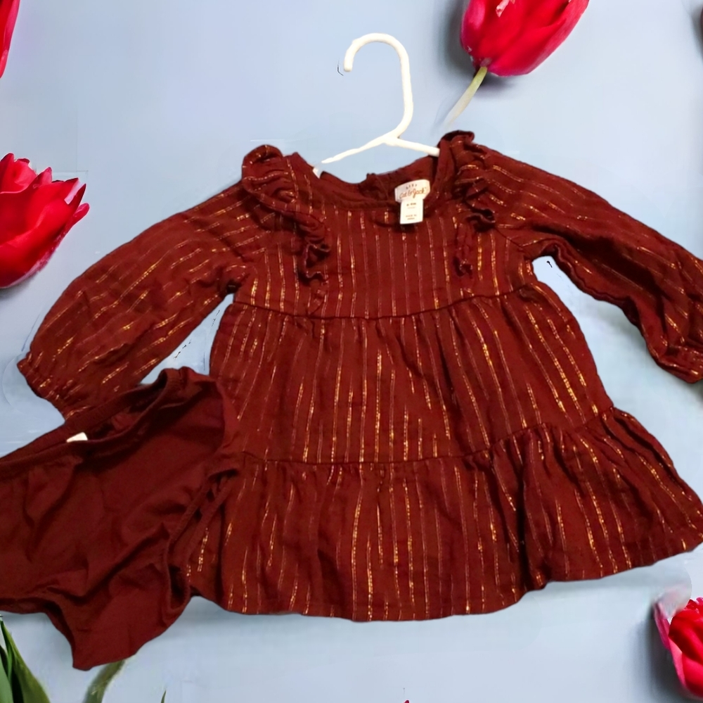 Cat & Jack Baby Girl Burgundy and Gold Lurex Long Sleeve Dress, Size 6-9M
